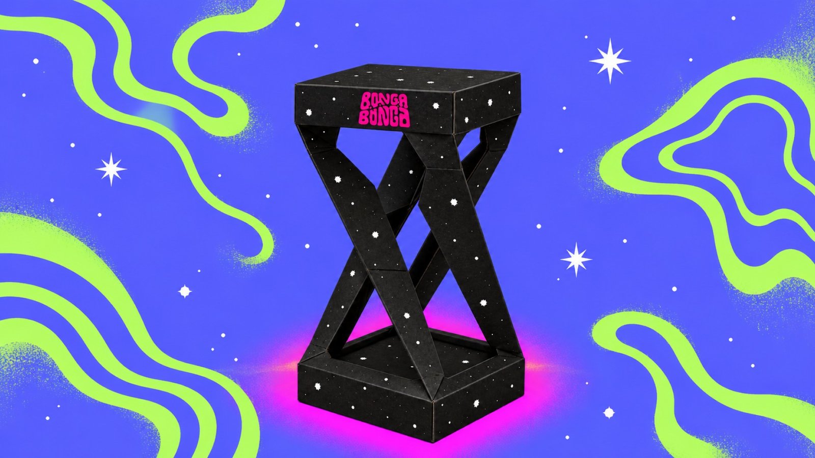 Bonga Bonga liquor packaging, black bottle exoskeleton on a starry blue background