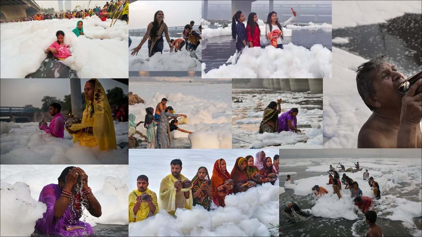 Waste & Worship: River foam pollution collage